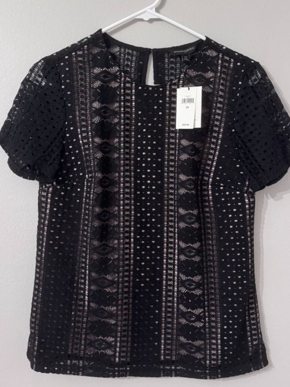 Banana Republic XS Black Lace Short Sleeve Blouse Sheer Crochet Top NWT